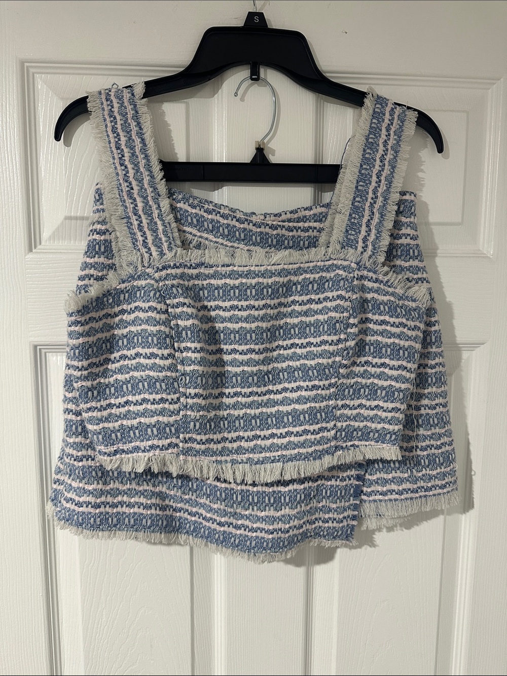 Blue,Pink and White Striped Knitted Fringe Set